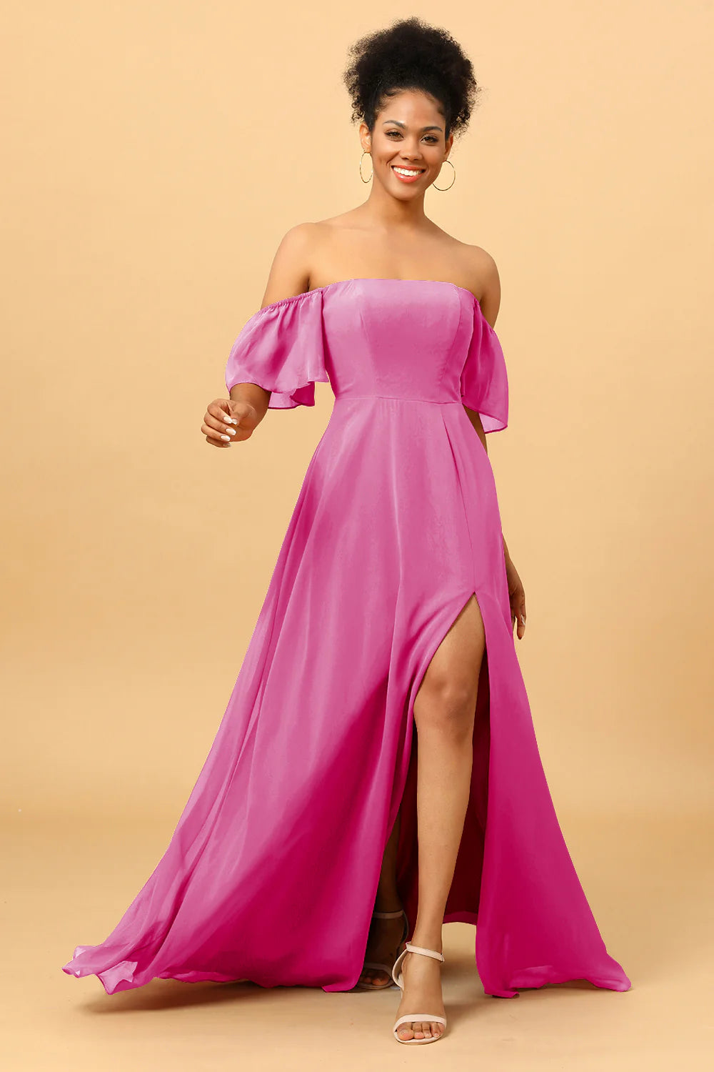 A Line Off the Shoulder Long Chiffon Bridesmaid Dress with Slit