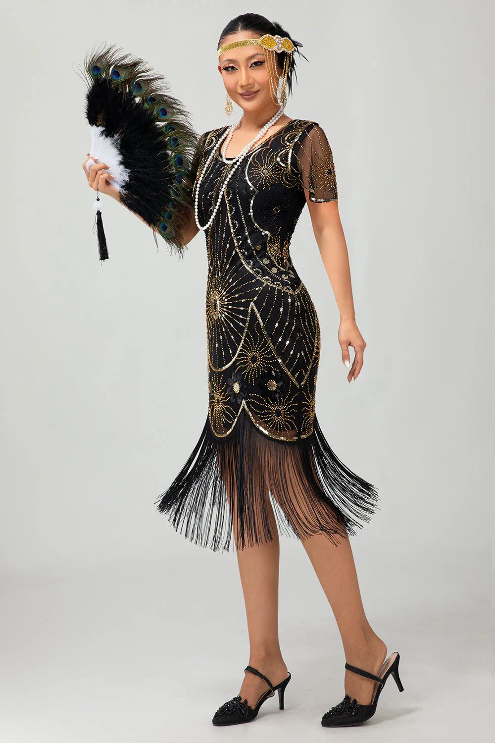 Beaded Black Golden Fringed Bodycon 1920s Dress