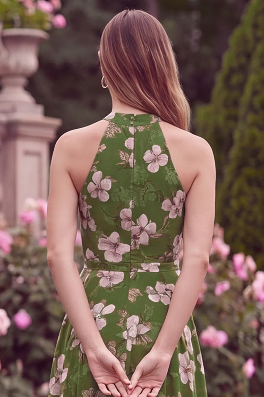 Halter Green Printed Flower A Line High Low Wedding Guest Dress