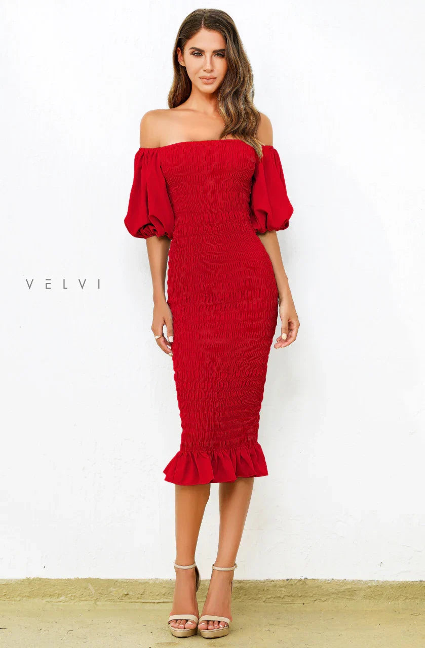 Skyla Shirred Midi Dress RED