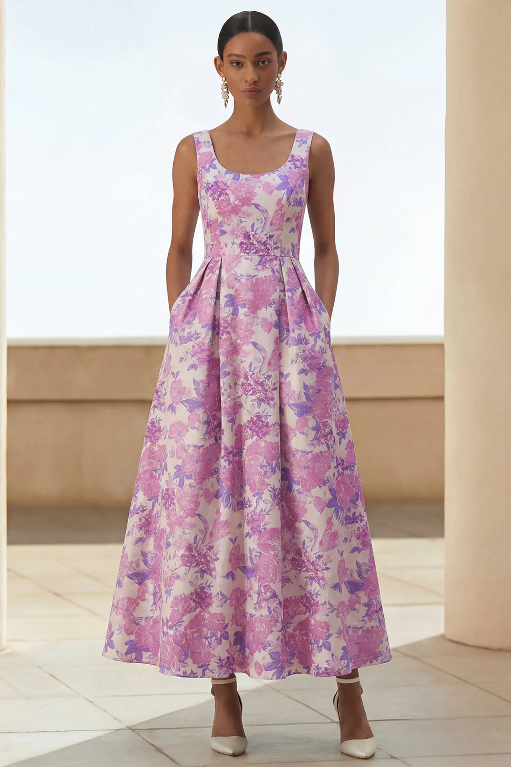 Lilac Flower A Line Scoop Neck Midi Wedding Guest Dress