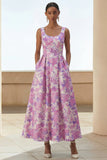 Lilac Flower A Line Scoop Neck Midi Wedding Guest Dress
