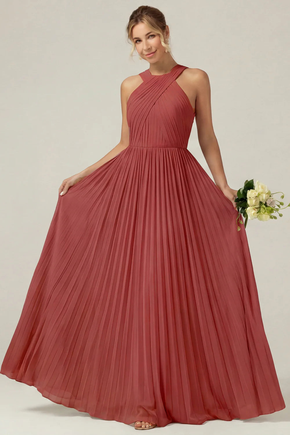 Dusty Sage A Line Halter Pleated Long Bridesmaid Dress