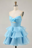 Cute A Line Tiered Strapless Cut Out Blue Short Homecoming Dress