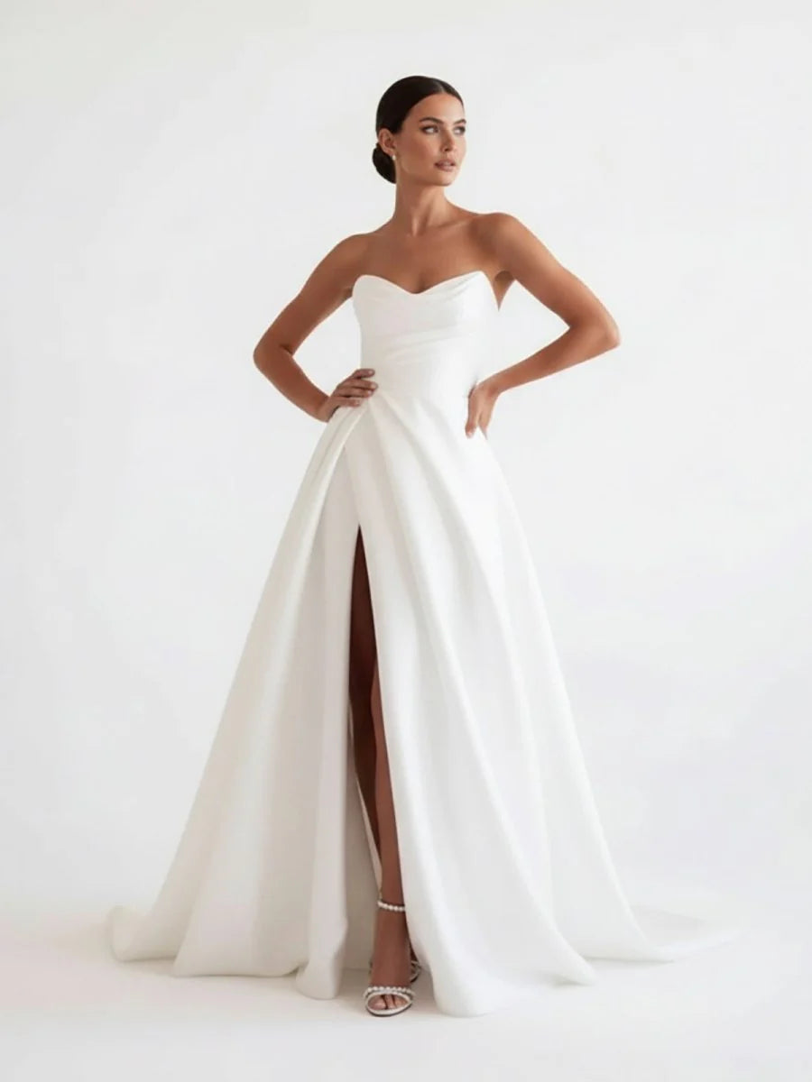 A Line White Sleeveless Satin Wedding Dress With Side Slit
