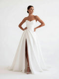 A Line White Sleeveless Satin Wedding Dress With Side Slit