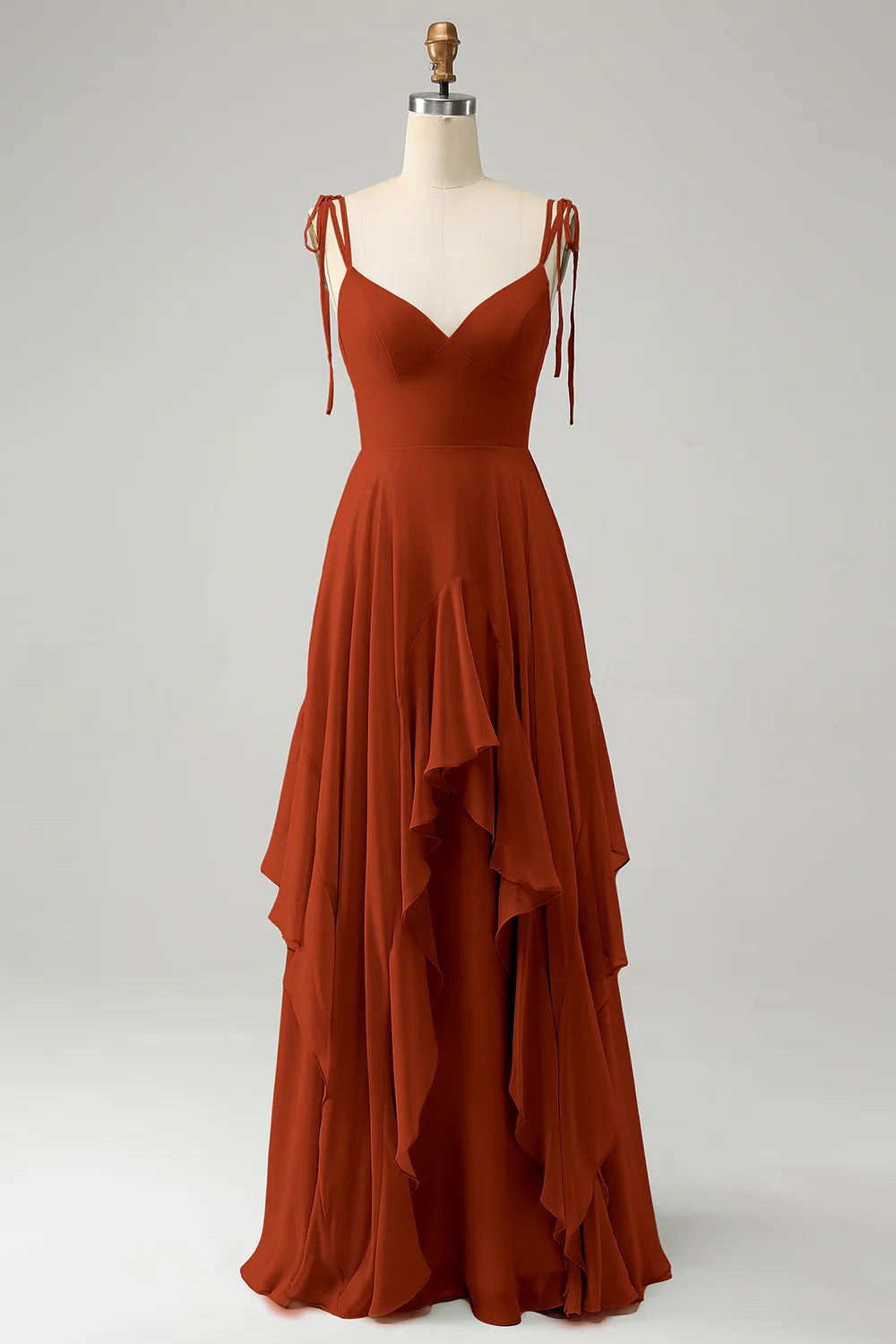 A Line Spaghetti Straps Chiffon Long Eucalyptus Bridesmaid Dress with Ruffles