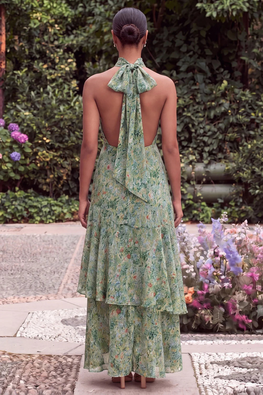 Sage Halter Keyhole Asymmetrical Floral Wedding Guest Dress