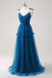 Dark Blue A Line Spaghetti Straps Tulle Ruched Long Bridesmaid Dress