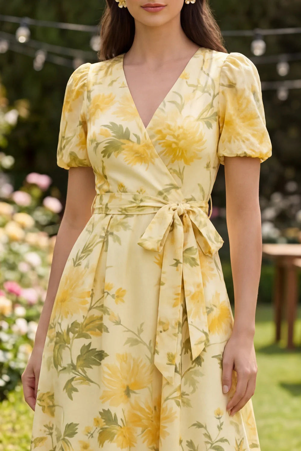Floral V Neck Yellow Ruffled Wedding Guest Dress with Sash