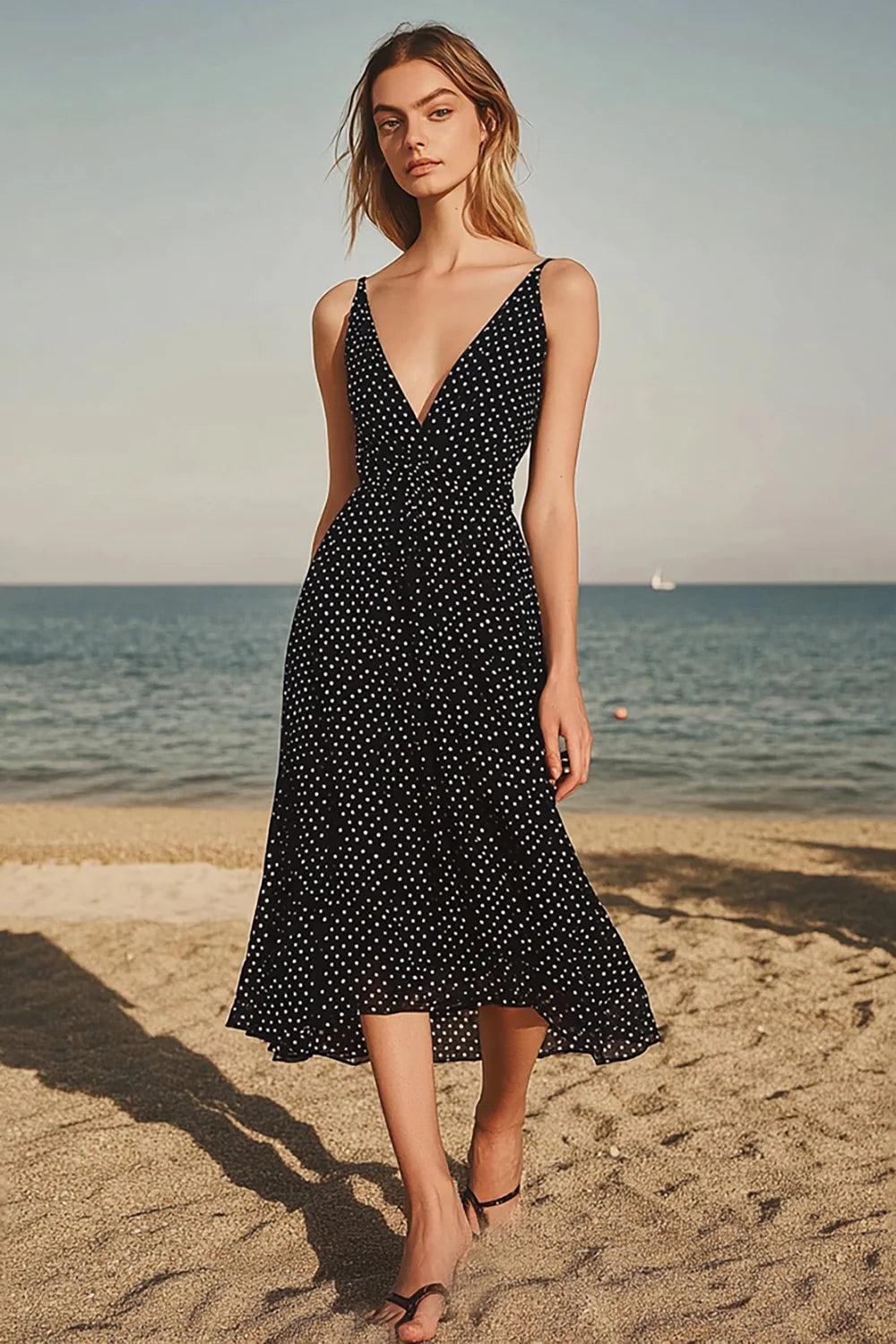 Black Polka Dots V Neck Midi Graduation Dress