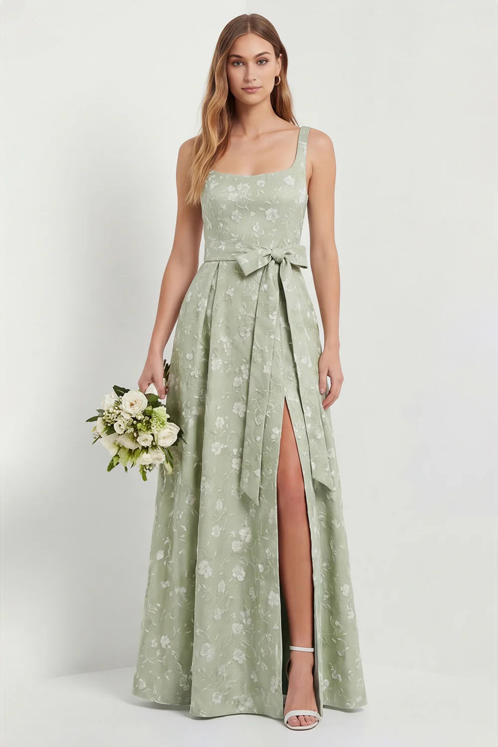 Sage A Line Square Neck Floral Jacquard Bridesmaid Dress with Slit