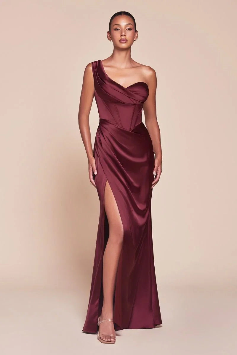 AUDRA GOWN ONE SHOULDER LUXE SATIN CORSET DRESS