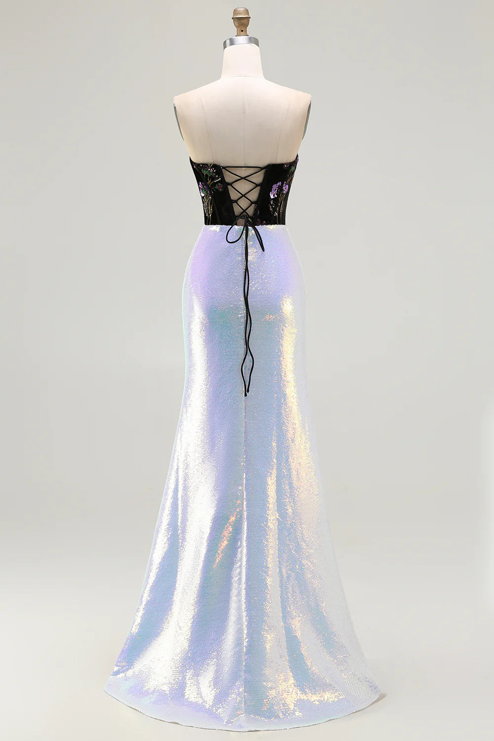 Sparkly Black Lilac Strapless Mermaid Corset Floral Long Prom Dress with Sequins