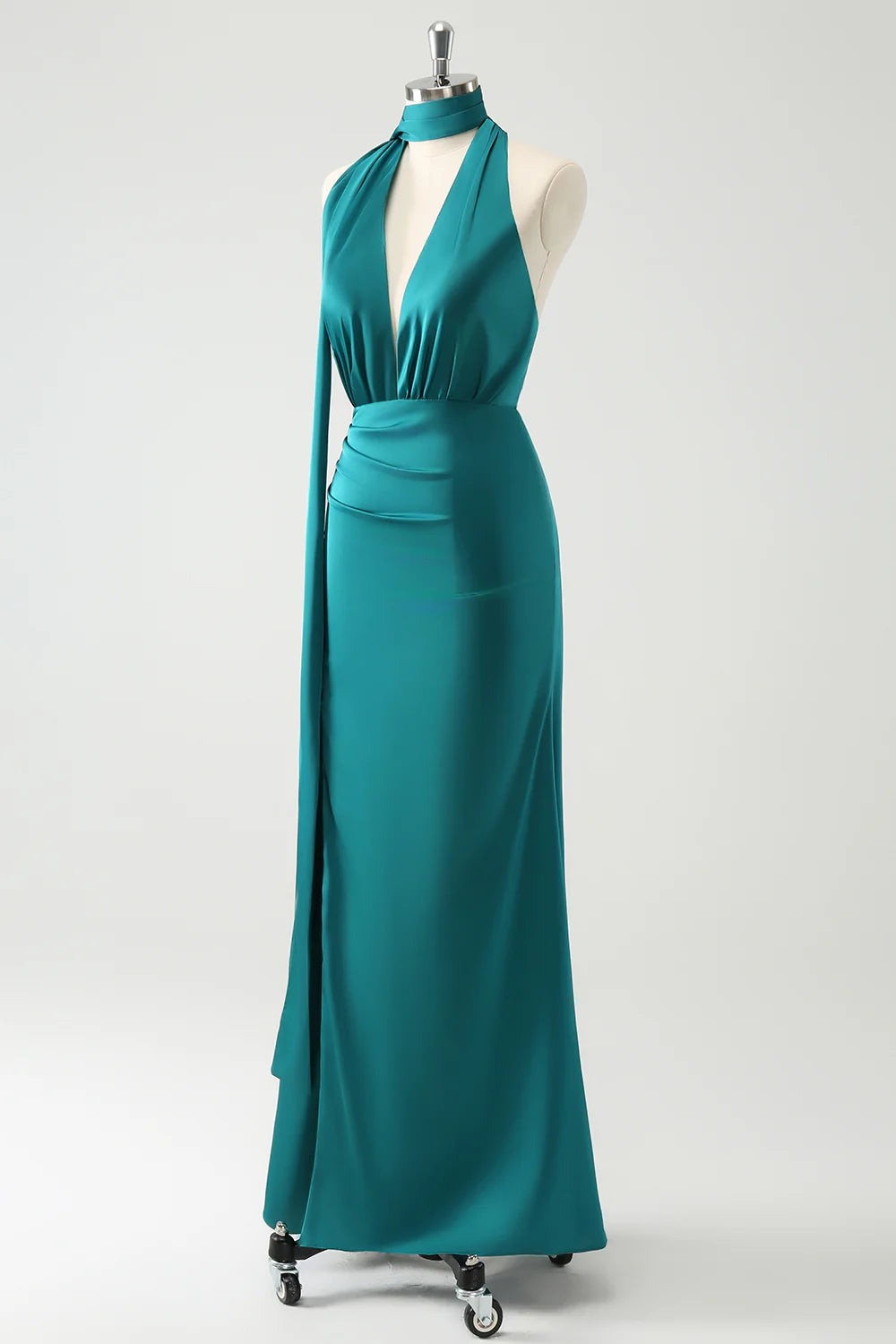 Burgundy Sheath Convertible Deep V Neck Ruched Long Bridesmaid Dress with Open Back