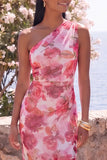 Pink Floral One Shoulder Mermaid Wedding Guest Dress with Slit
