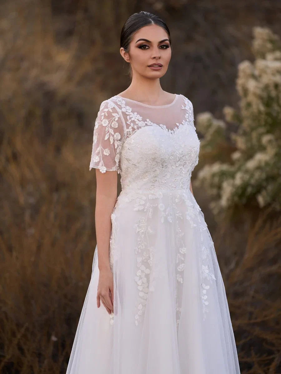Tea Length Sleeves Ethereal Modern A Line V Neck Button Back Wedding Dress