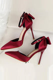 Burgundy Satin Stiletto Heel Closed Toe Pumps Wedding Party shoes with Bunkle