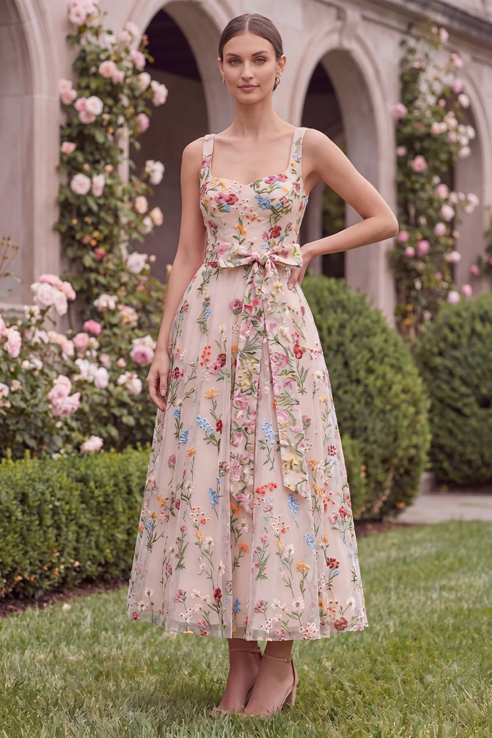 Pink Embroidered Floral A Line Midi Wedding Guest Dress with Bow