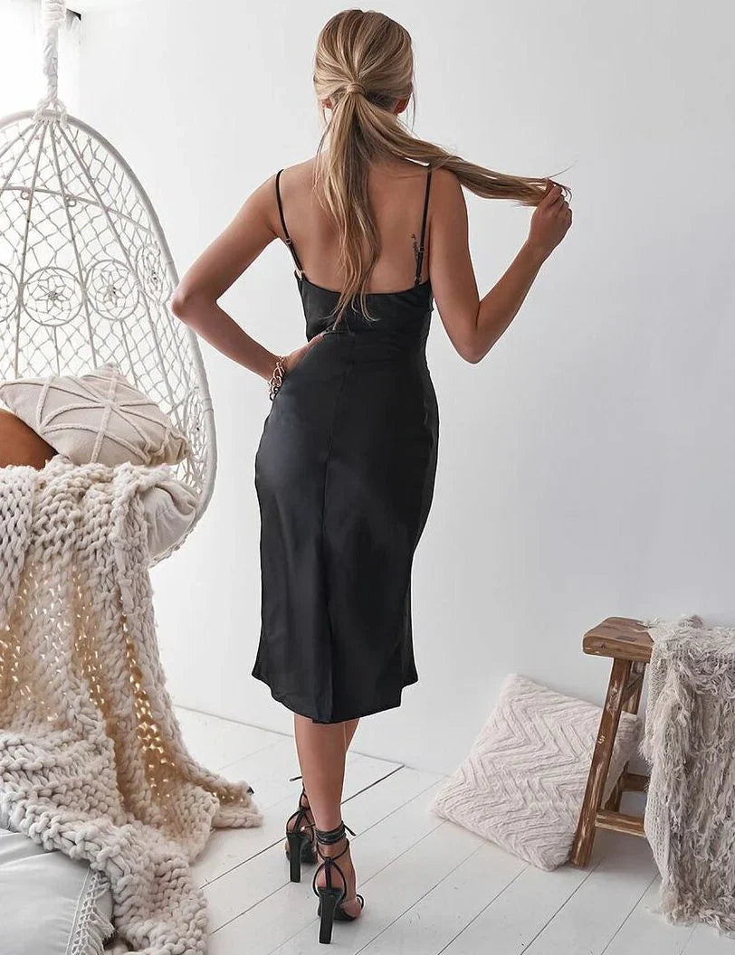 Aspen Midi Dress Black Satin Slip Dress