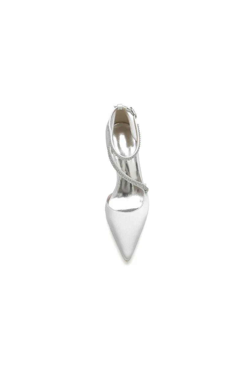 White Satin Pump with Cross Strap and Beaded Buckle