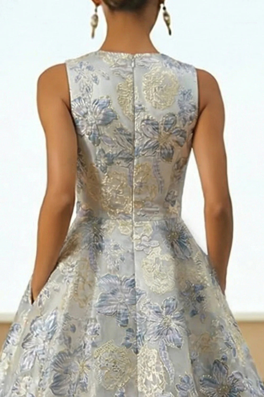 Dusty Blue A Line Floral Wedding Guest Dress with Pockets