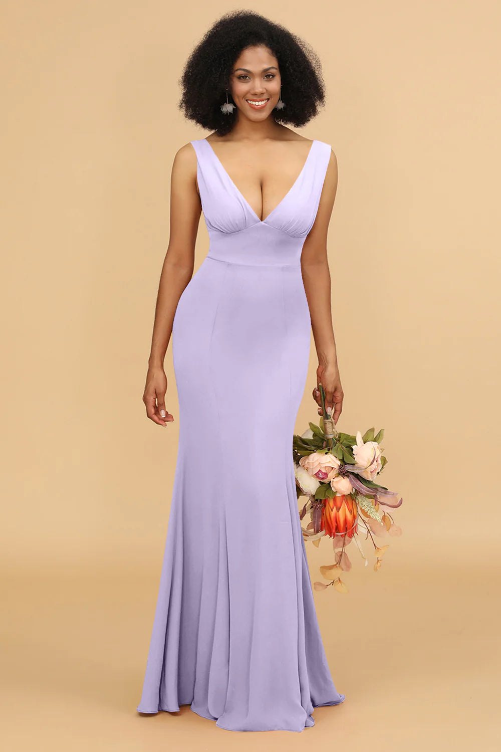 Mermaid V neck Open Back Long Chiffon Bridesmaid Dress With Ruffles