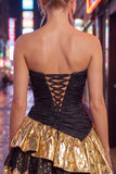 Strapless Black Golden Ruched A Line Homecoming Dress with Lace