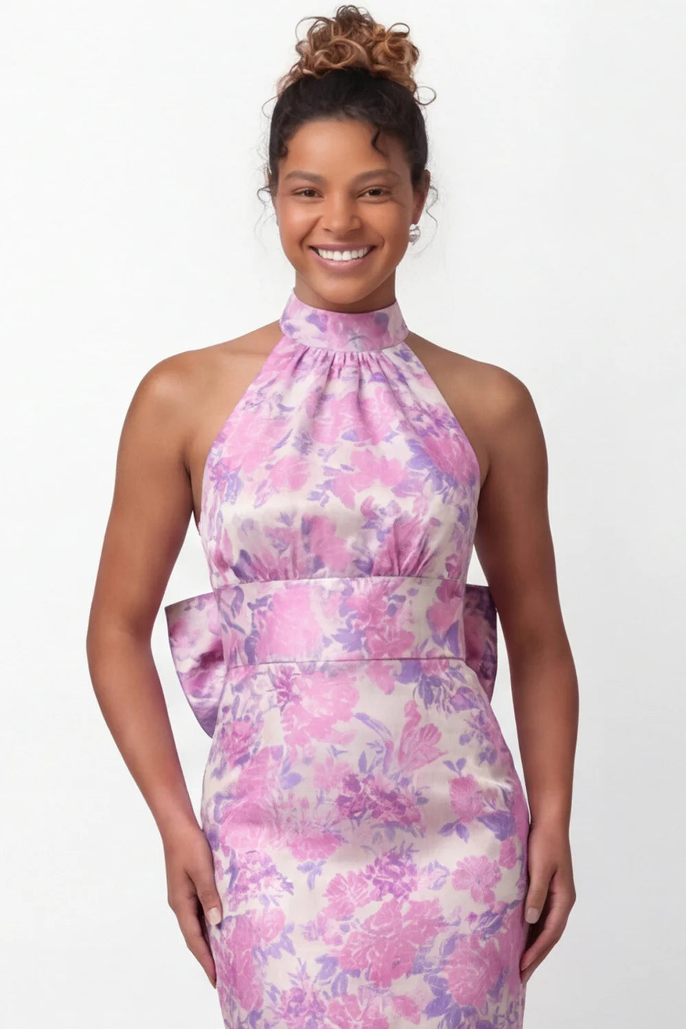 Halter Lilac Flower Mermaid Printed Long Bridesmaid Dress with Bow