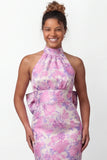 Halter Lilac Flower Mermaid Printed Long Bridesmaid Dress with Bow