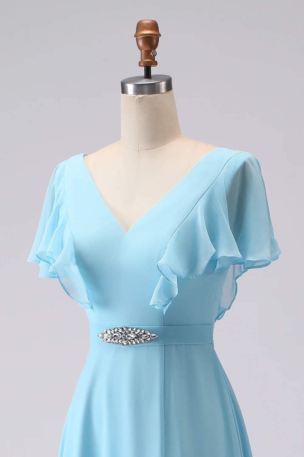 Sky Blue A Line V Neck Rhinestone Ruffled Long Bridesmaid Dress with Slit