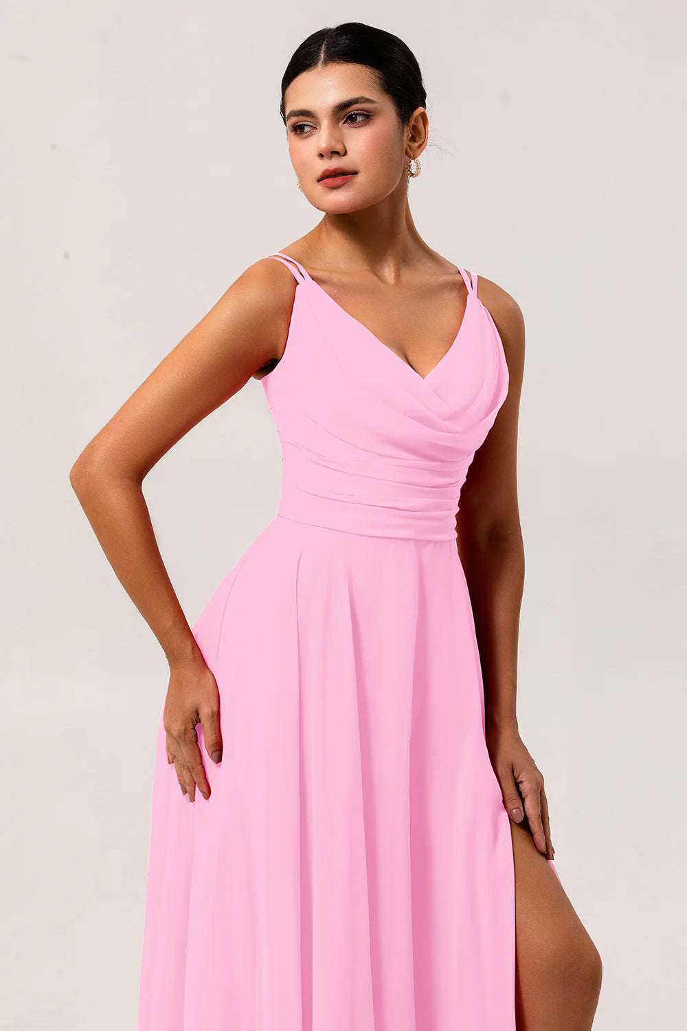 Hot Pink A Line Cowl Neck Chiffon Long Bridesmaid Dress with Slit