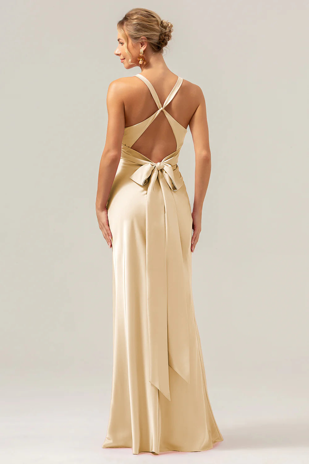 Pink Mermaid Deep V Neck Ruched Long Bridesmaid Dress with Lace Up Back