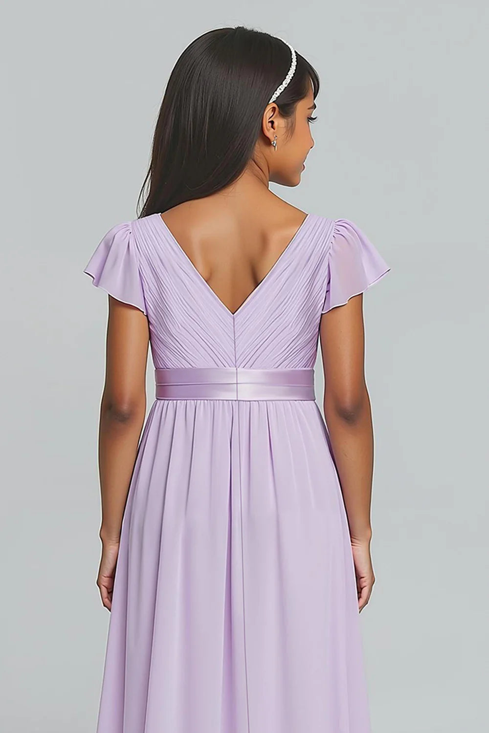 Lilac A Line V Neck Pleated Junior Bridesmaid Dress