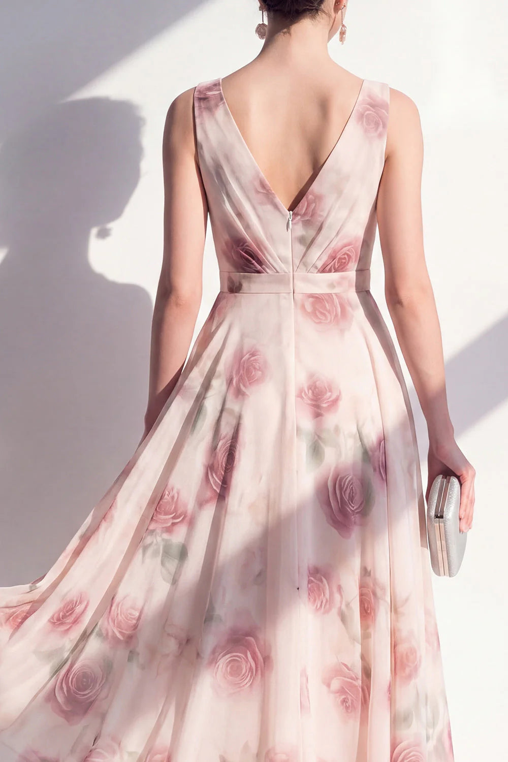 Blush Floral A Line V Neck Midi Wedding Guest Dress