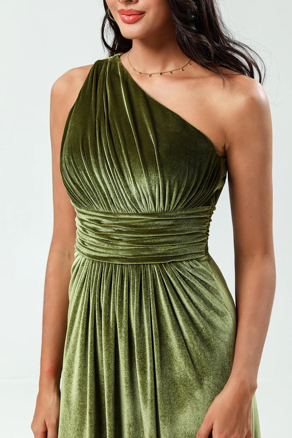 A Line One Shoulder Ruched Velvet Floor Length Dress