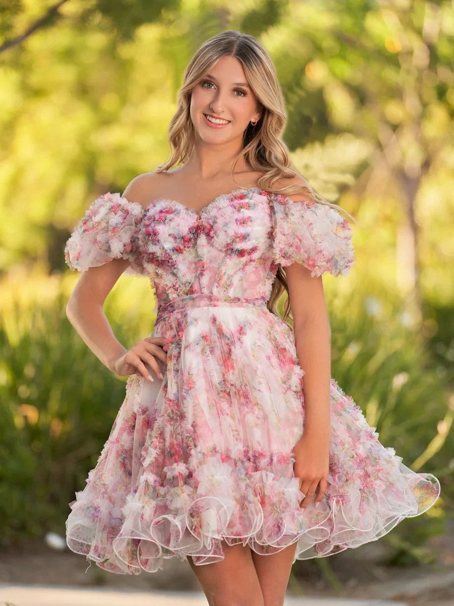 Ivana A Line Off the Shoulder Printed Tulle Short Homecoming Dress
