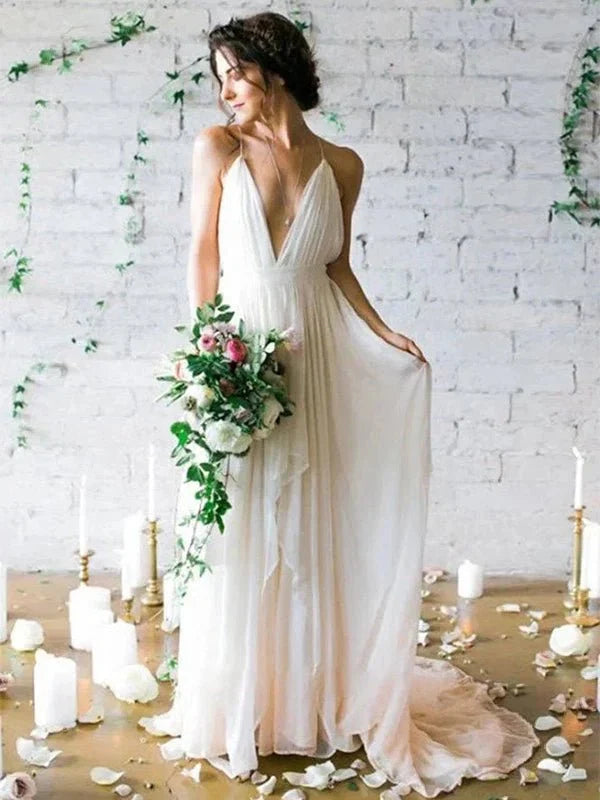 A Line V Neck Straps Spaghetti Sheath Chiffon Wedding Dress