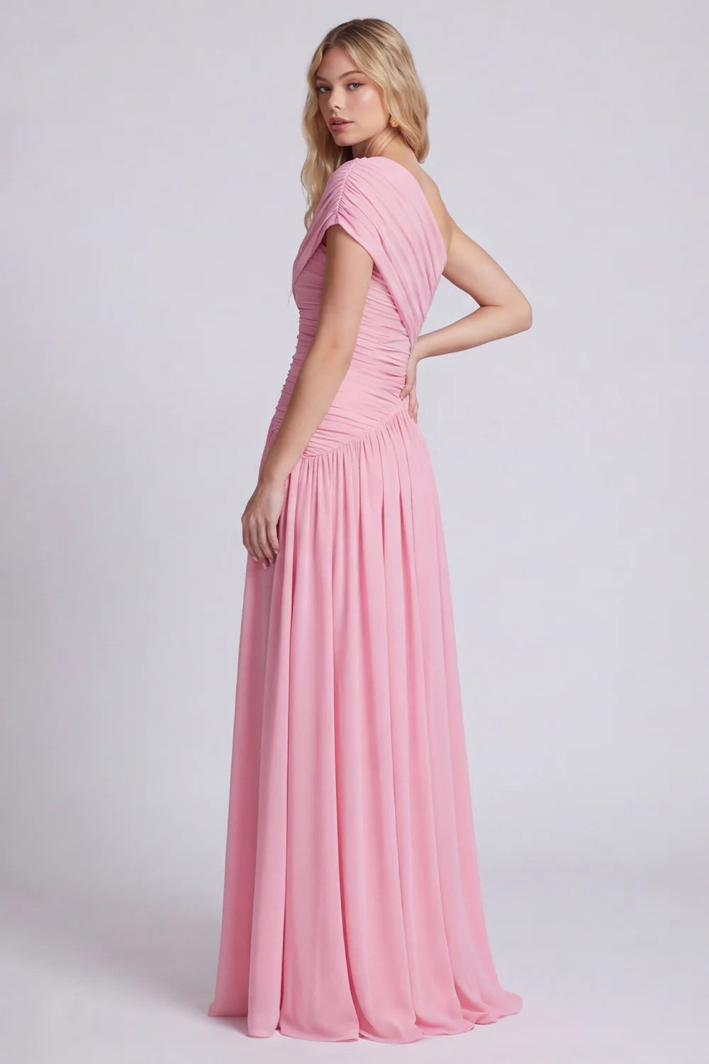 One Shoulder Pink A Line Ruched Bridesmaid Dress