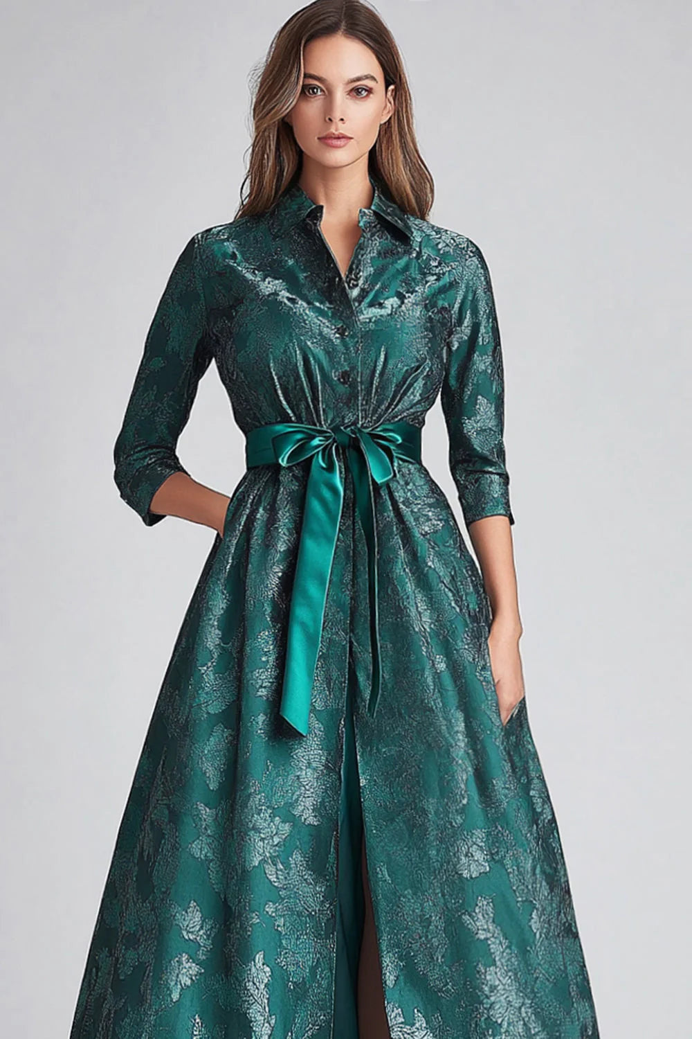 Floral A Line Dark Green Mother of Bride Dress with Pockets