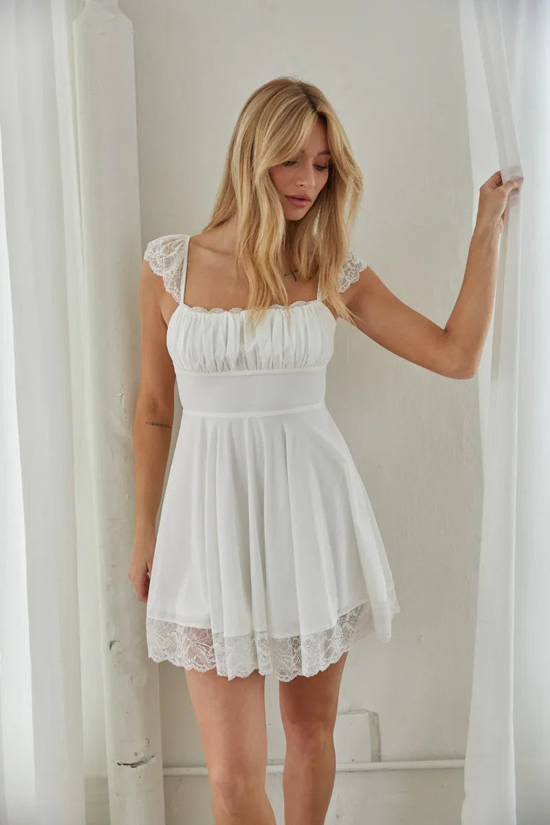 Scarlett Lace Trim Flutter Strap Mini Dress