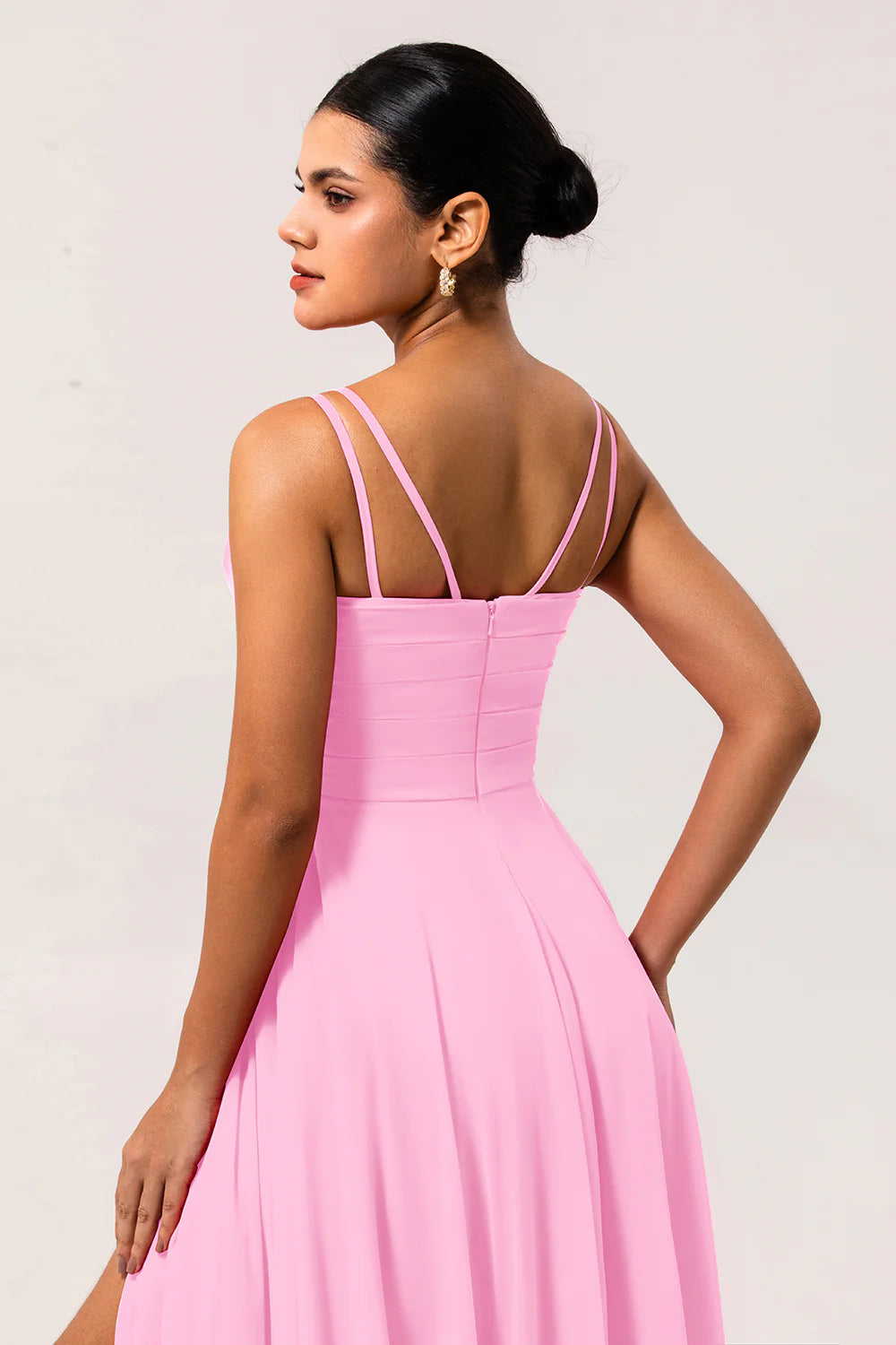 Hot Pink A Line Cowl Neck Chiffon Long Bridesmaid Dress with Slit