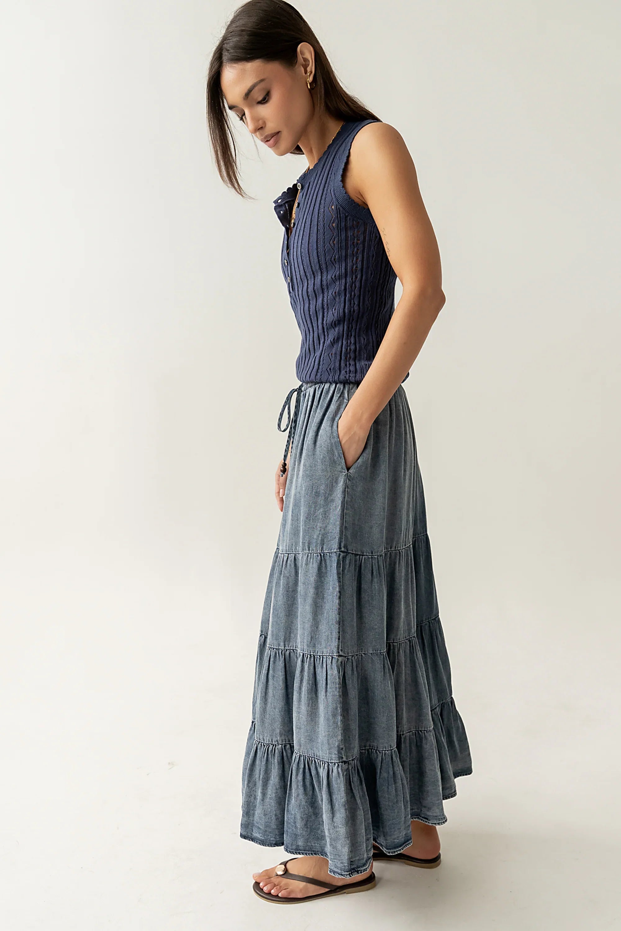 Lina Pointelle Knit Tank in Navy