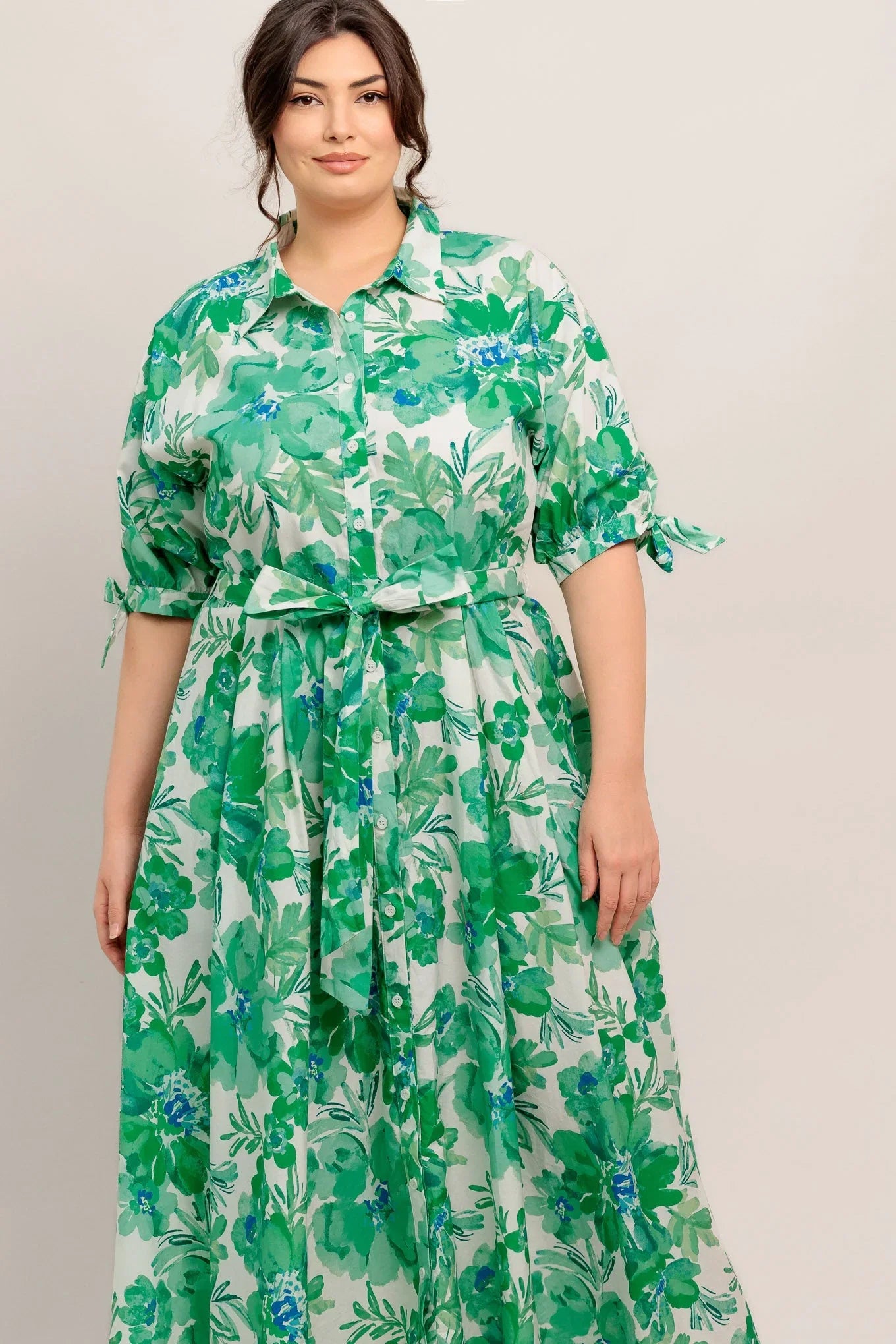 SIMPLY IN BLOOM GREEN FLORAL MIDI SHIRT DRESS