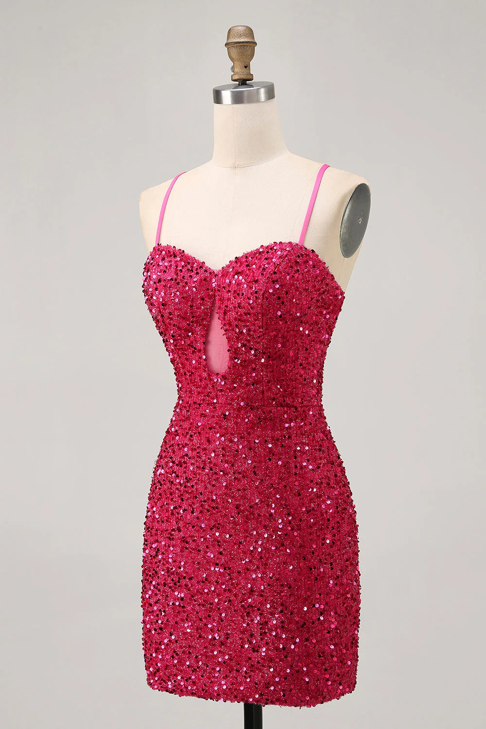 Sparkly Fuchsia Sequins Spaghetti Straps Short Tight Homecoming Dress