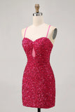 Sparkly Fuchsia Sequins Spaghetti Straps Short Tight Homecoming Dress
