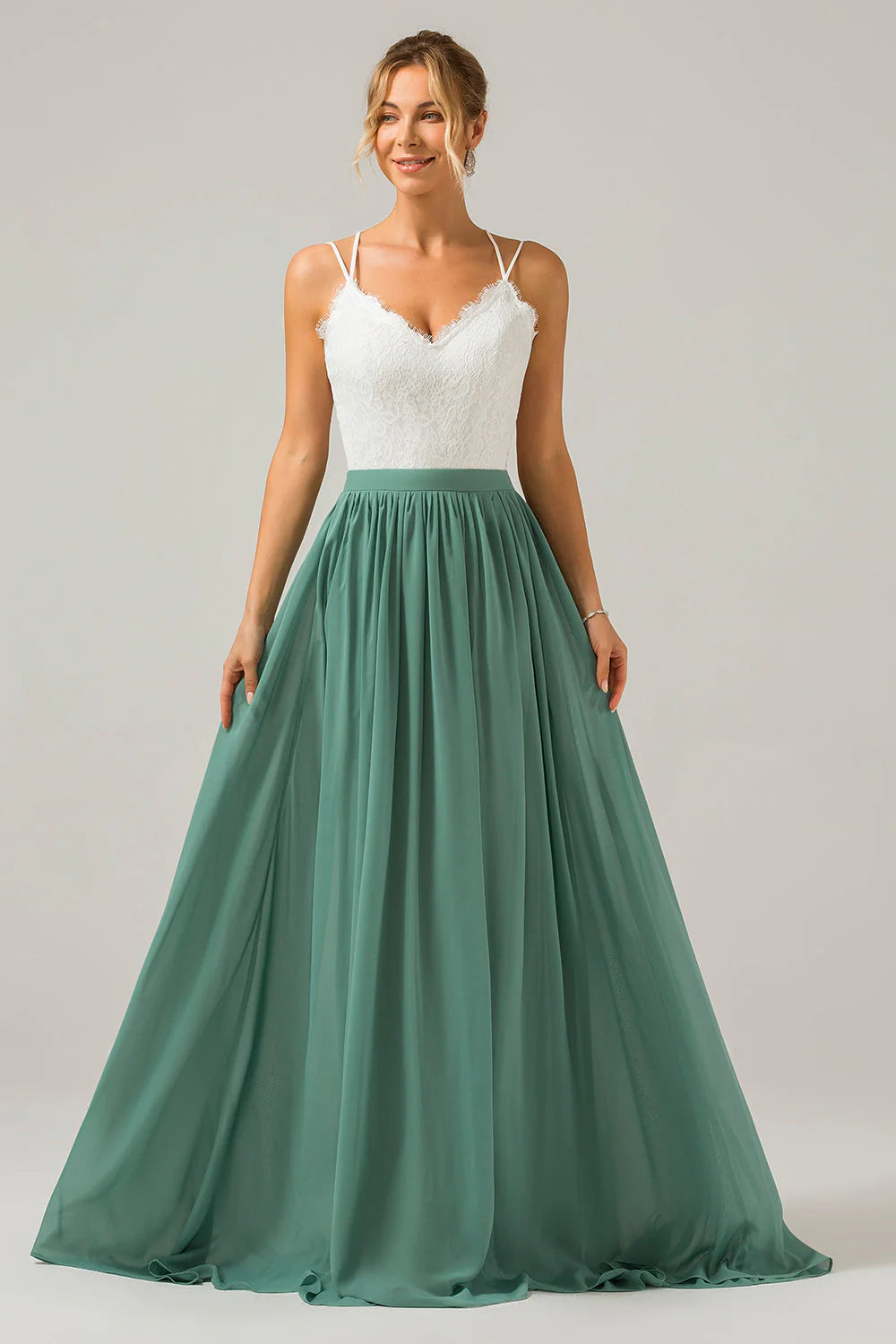 A Line Spaghetti Straps Pleated Long Bridesmaid Dress With Lace