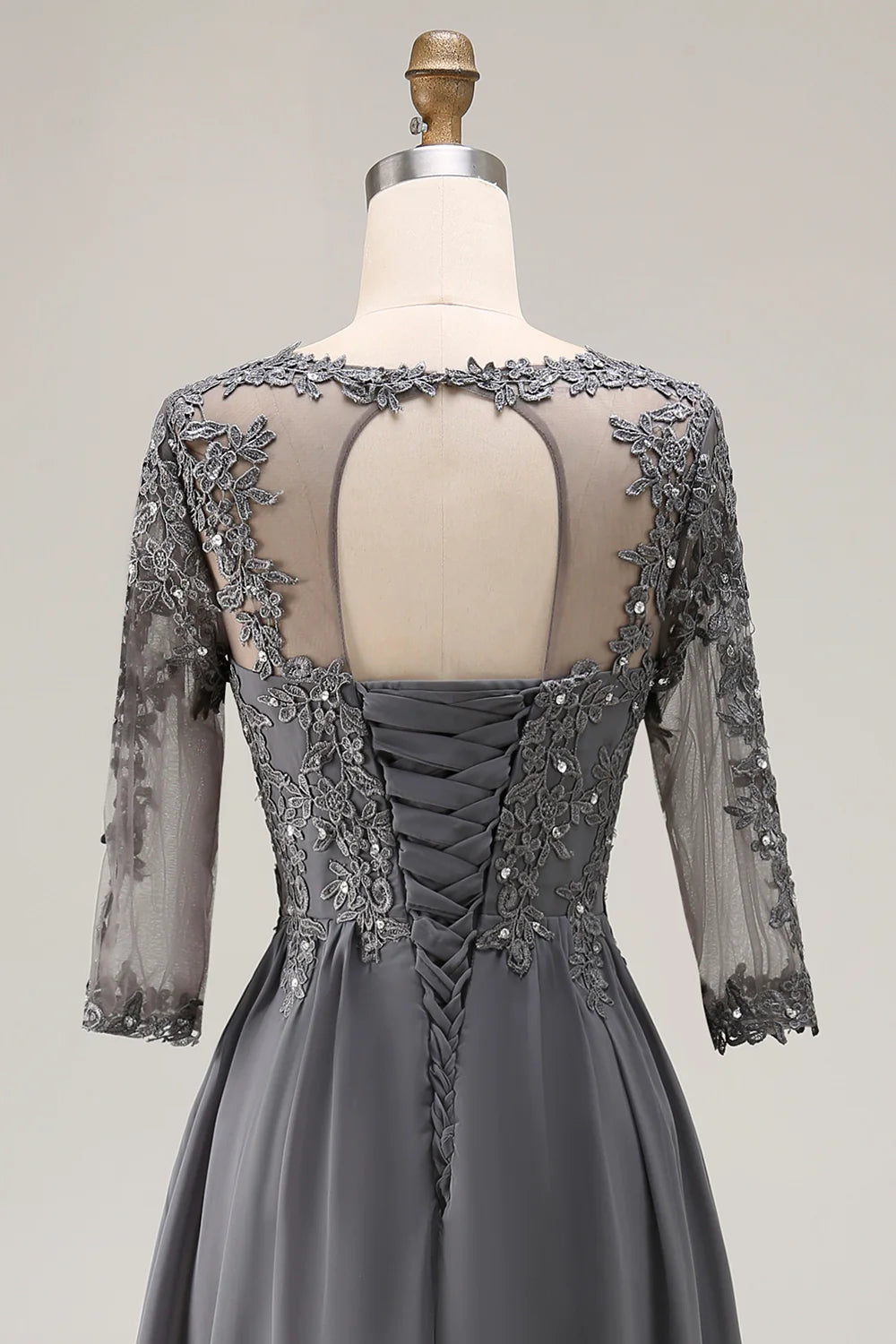 Steel Grey Appliqued A Line Half Sleeves Mother Of The Bride Dress with Back Keyhole