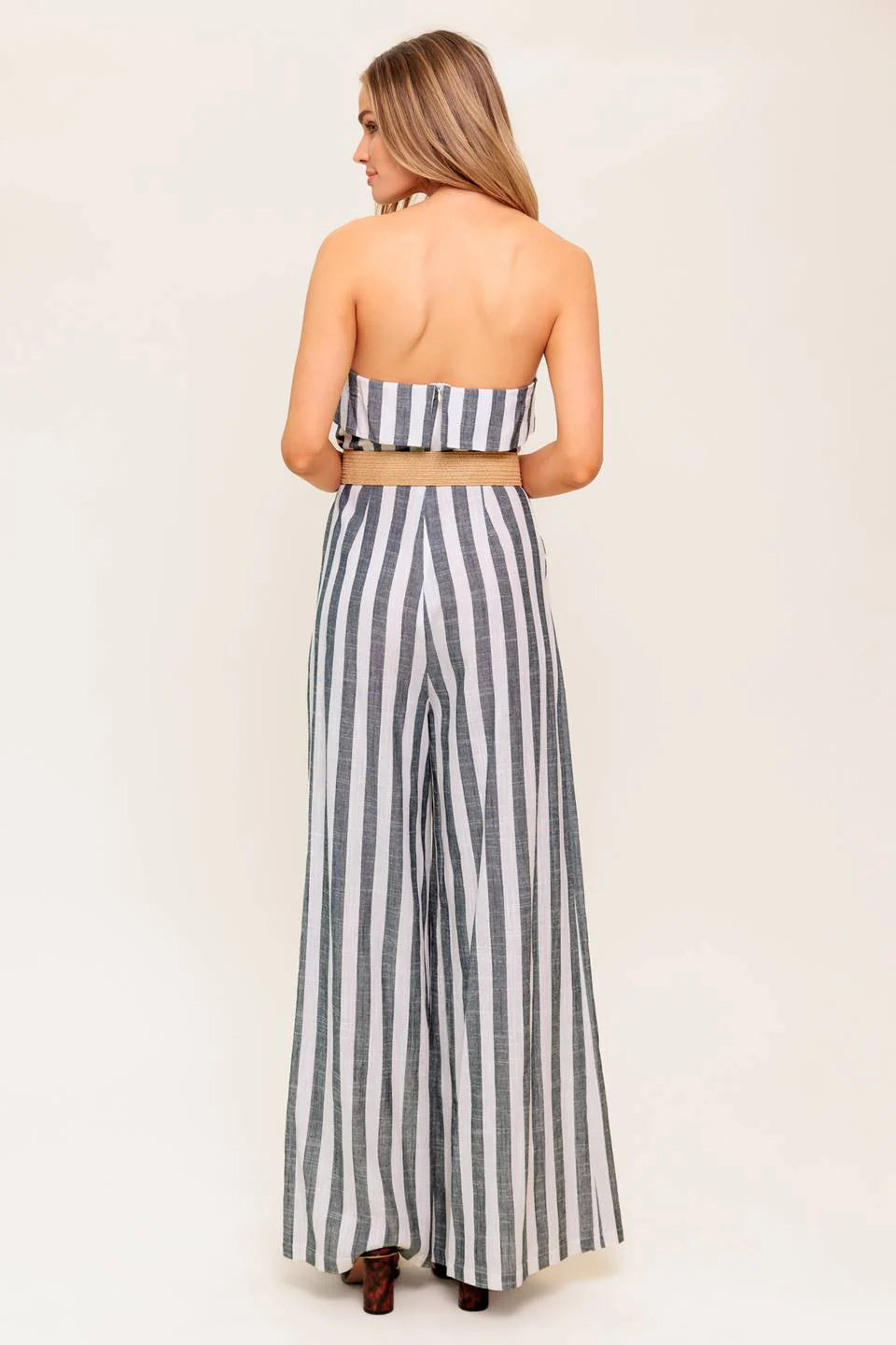 GREER STRAPLESS JUMPSUIT WHITE CHARCOAL STRIPE
