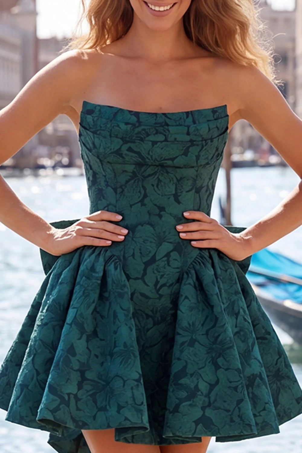 Strapless A Line Jacquard Bow Blue Homecoming Dress with Lace Up Back